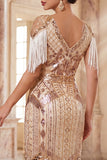 Lantejoulas de decote em V em damasco Vestido Midi Flapper dos anos 1920 com franjas
