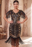 Lantejoulas de decote em V em damasco Vestido Midi Flapper dos anos 1920 com franjas