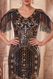 Lantejoulas de decote em V em damasco Vestido Midi Flapper dos anos 1920 com franjas