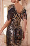 Lantejoulas de decote em V em damasco Vestido Midi Flapper dos anos 1920 com franjas
