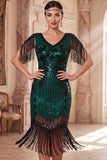 Lantejoulas de decote em V em damasco Vestido Midi Flapper dos anos 1920 com franjas