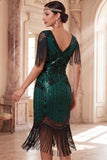 Lantejoulas de decote em V em damasco Vestido Midi Flapper dos anos 1920 com franjas