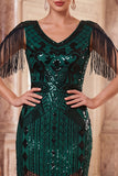 Lantejoulas de decote em V em damasco Vestido Midi Flapper dos anos 1920 com franjas