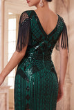 Lantejoulas de decote em V em damasco Vestido Midi Flapper dos anos 1920 com franjas