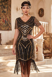 Vestido preto dos anos 1920 com decote em V, mangas curtas, lantejoulas,
