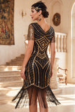 Vestido preto dos anos 1920 com decote em V, mangas curtas, lantejoulas,