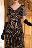Vestido preto dos anos 1920 com decote em V, mangas curtas, lantejoulas,
