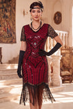 Vestido preto dos anos 1920 com decote em V, mangas curtas, lantejoulas,