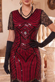 Vestido preto dos anos 1920 com decote em V, mangas curtas, lantejoulas,