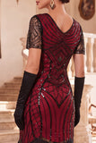 Vestido preto dos anos 1920 com decote em V, mangas curtas, lantejoulas,