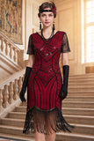 Vestido preto dos anos 1920 com decote em V, mangas curtas, lantejoulas,