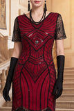 Vestido preto dos anos 1920 com decote em V, mangas curtas, lantejoulas,