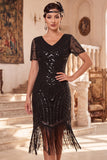 Vestido preto dos anos 1920 com decote em V, mangas curtas, lantejoulas,
