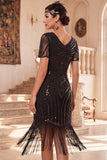 Vestido preto dos anos 1920 com decote em V, mangas curtas, lantejoulas,