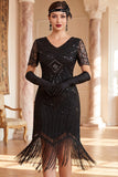 Vestido preto dos anos 1920 com decote em V, mangas curtas, lantejoulas,