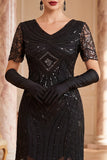 Vestido preto dos anos 1920 com decote em V, mangas curtas, lantejoulas,