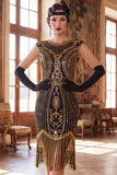 Vestido Flapper dos anos 1920 com decote redondo verde escuro de gola redonda com lentejoulas