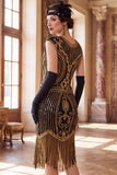 Vestido Flapper dos anos 1920 com decote redondo verde escuro de gola redonda com lentejoulas