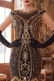 Vestido Flapper dos anos 1920 com decote redondo verde escuro de gola redonda com lentejoulas