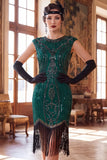 Vestido Flapper dos anos 1920 com decote redondo verde escuro de gola redonda com lentejoulas