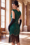 Vestido Flapper dos anos 1920 com decote redondo verde escuro de gola redonda com lentejoulas