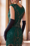 Vestido Flapper dos anos 1920 com decote redondo verde escuro de gola redonda com lentejoulas
