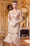 Vestido dos anos 1920 com bainha de damasco, decote em V, mangas curtas, lantejoulas