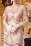 Vestido dos anos 1920 com bainha de damasco, decote em V, mangas curtas, lantejoulas