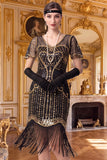 Vestido dos anos 1920 com bainha de damasco, decote em V, mangas curtas, lantejoulas