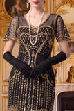 Vestido dos anos 1920 com bainha de damasco, decote em V, mangas curtas, lantejoulas