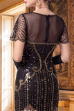 Vestido dos anos 1920 com bainha de damasco, decote em V, mangas curtas, lantejoulas