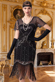 Vestido dos anos 1920 com bainha de damasco, decote em V, mangas curtas, lantejoulas