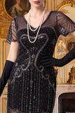 Vestido dos anos 1920 com bainha de damasco, decote em V, mangas curtas, lantejoulas