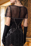 Vestido dos anos 1920 com bainha de damasco, decote em V, mangas curtas, lantejoulas