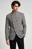 Blazer de baile masculino de finalistas com gola vertical cinzenta e abotoamento duplo