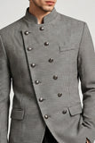 Blazer de baile masculino de finalistas com gola vertical cinzenta e abotoamento duplo