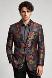 Blazer masculino de baile de finalistas com flores pretas e vermelhas com lapela de peito simples
