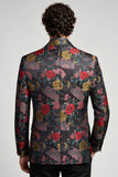 Blazer masculino de baile de finalistas com flores pretas e vermelhas com lapela de peito simples