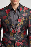 Blazer masculino de baile de finalistas com flores pretas e vermelhas com lapela de peito simples