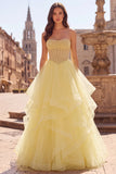 Vestido de baile amarelo Espartilho Pérolas sem alças Vestido longo de finalista com folhos e camadas