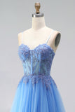 Espartilho de Tule Linha A azul, Apliques com missangas, Vestido de Baile Longo com Abertura e Fenda