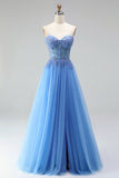 Espartilho de Tule Linha A azul, Apliques com missangas, Vestido de Baile Longo com Abertura e Fenda