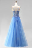 Espartilho de Tule Linha A azul, Apliques com missangas, Vestido de Baile Longo com Abertura e Fenda