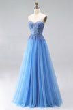 Espartilho de Tule Linha A azul, Apliques com missangas, Vestido de Baile Longo com Abertura e Fenda