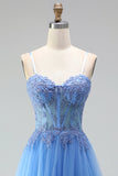 Espartilho de Tule Linha A azul, Apliques com missangas, Vestido de Baile Longo com Abertura e Fenda
