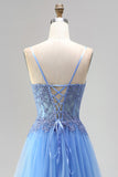 Espartilho de Tule Linha A azul, Apliques com missangas, Vestido de Baile Longo com Abertura e Fenda