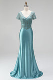 Vestido de baile comprido, sereia de cetim com decote em V, decote em V com bordado e mangas curtas