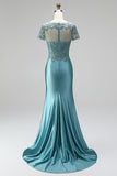 Vestido de baile comprido, sereia de cetim com decote em V, decote em V com bordado e mangas curtas