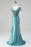 Vestido de baile comprido, sereia de cetim com decote em V, decote em V com bordado e mangas curtas