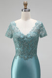 Vestido de baile comprido, sereia de cetim com decote em V, decote em V com bordado e mangas curtas